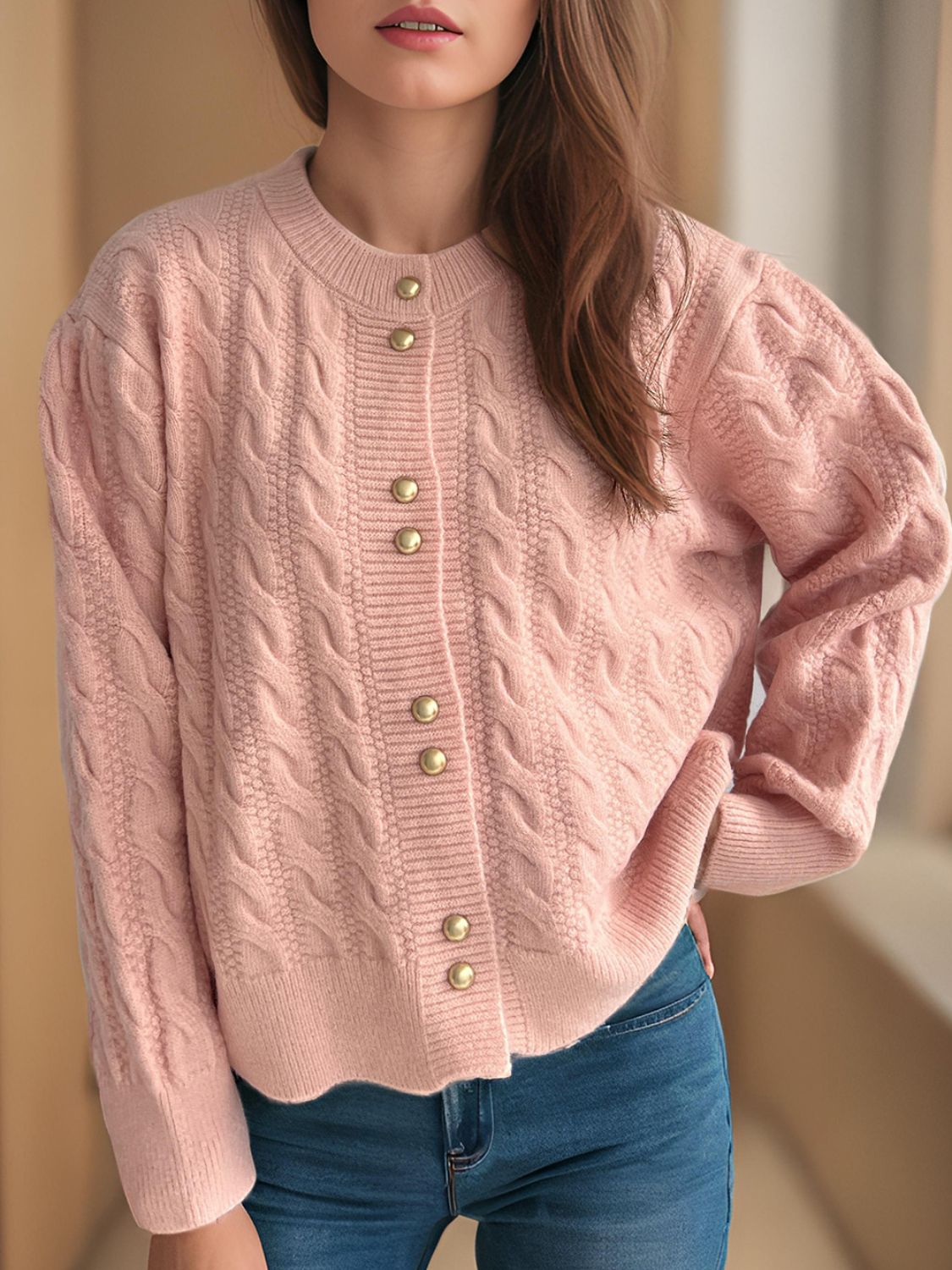 Cable-Knit Round Neck Long Sleeve Cardigan - Sydney So Sweet