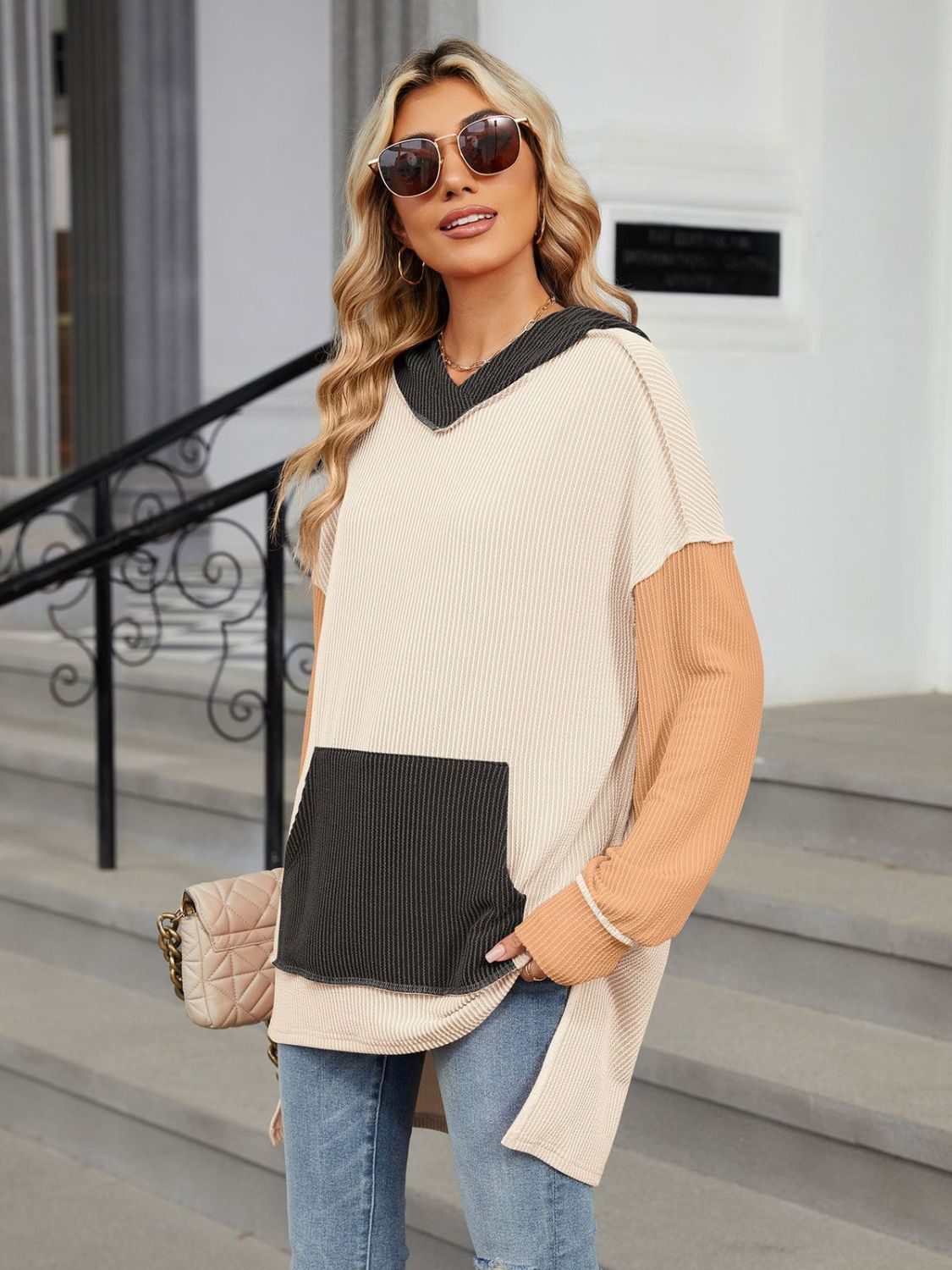 Double Take Contrast Hooded Long Sleeve Top - Sydney So Sweet