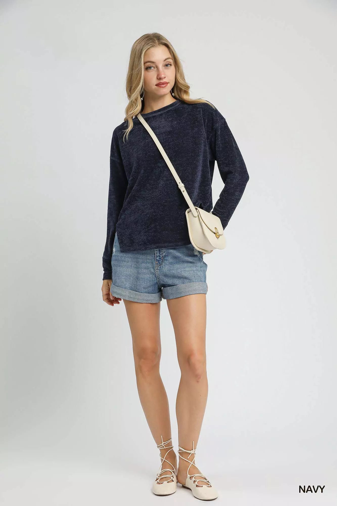 Umgee Round Neck Long Sleeve Side Slit Top - Sydney So Sweet