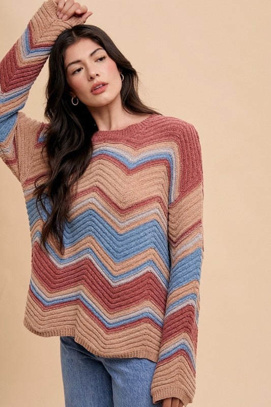 Annie Wear Multi Color Zig-Zag Round Neck Sweater - Sydney So Sweet