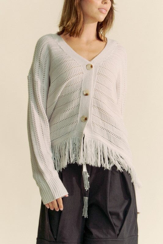 Davi & Dani Fringe V-Neck Button Up Long Sleeve Cardigan - Sydney So Sweet