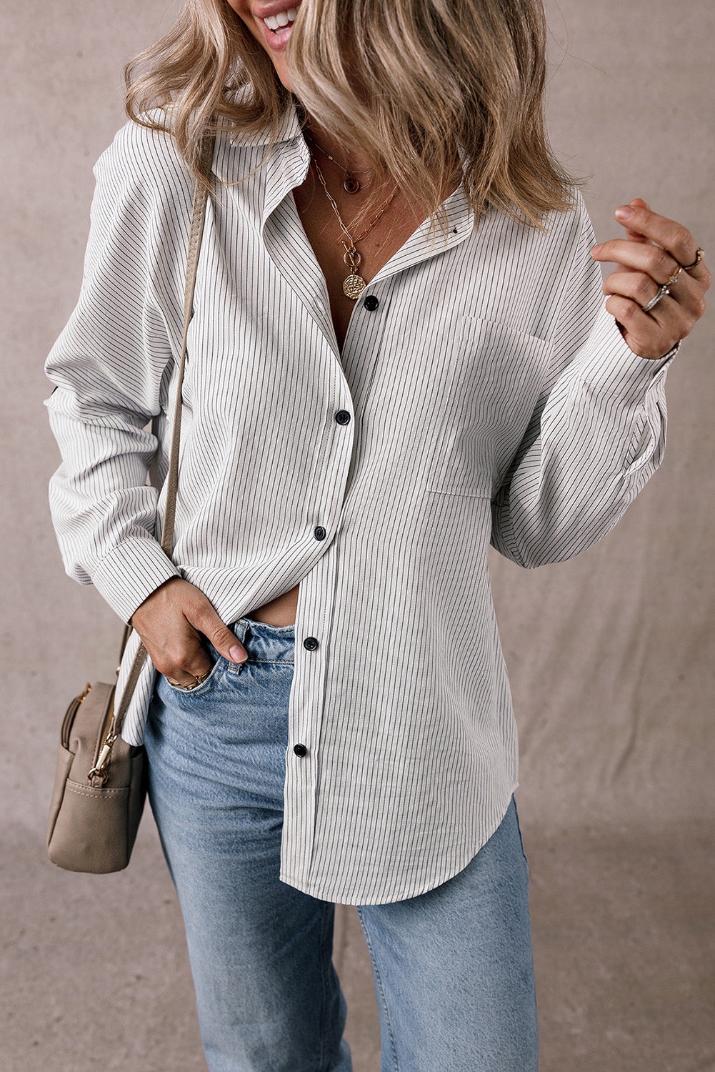 Pocketed Striped Collared Neck Long Sleeve Shirt - Sydney So Sweet