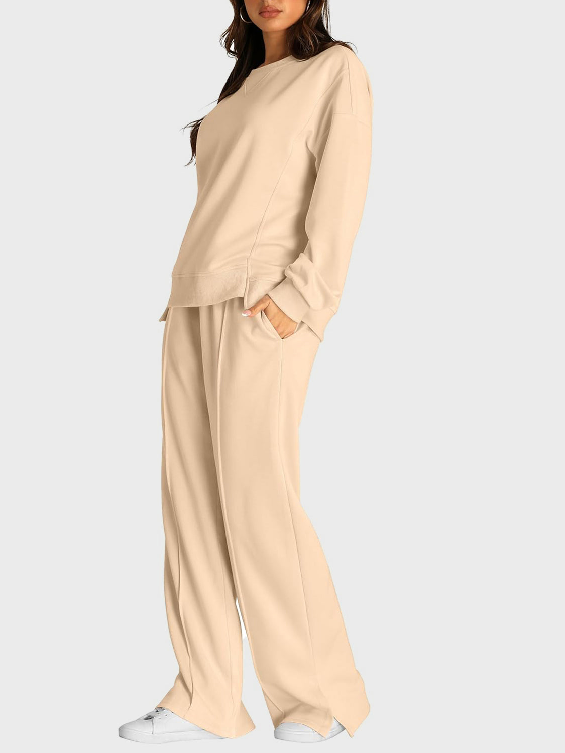 Round Neck Long Sleeve Top and Slit Pants Set - Sydney So Sweet