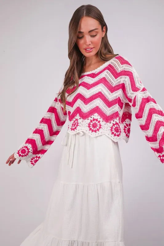 VERY J Chevron/Floral Pattern Crochet Knit Top - Sydney So Sweet