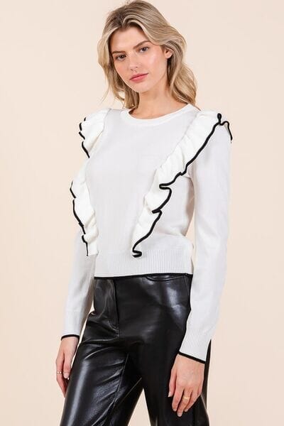 Mittoshop Contrast Trim Ruffled Round Neck Knit Top - Sydney So Sweet