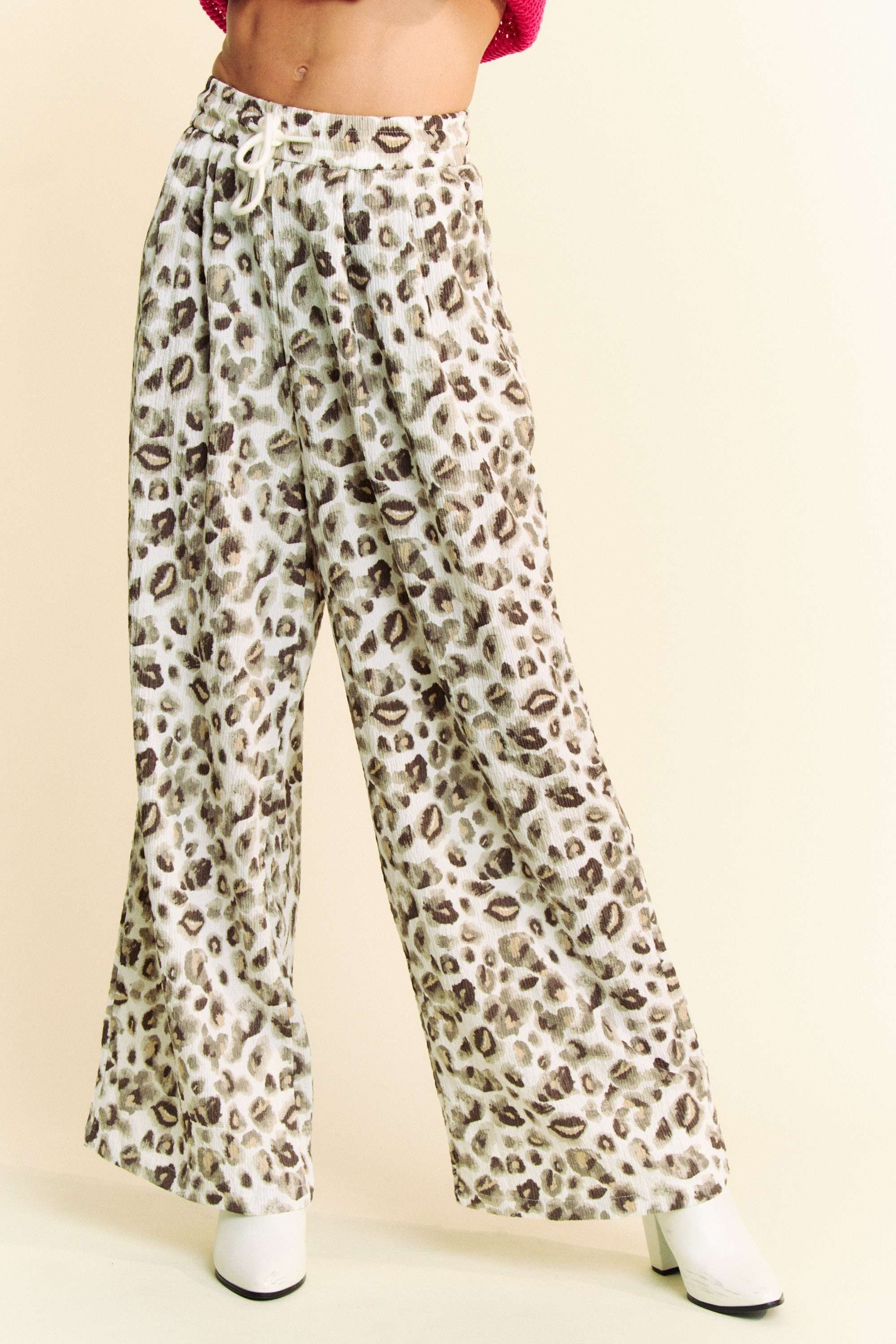 Davi & Dani Drawstring Leopard Wide Leg Pants - Sydney So Sweet