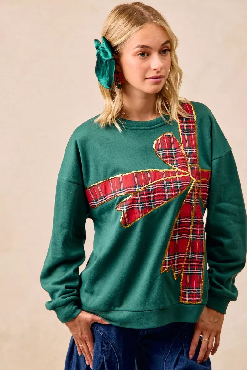 BiBi Plaid Ribbon Bow Detail Christmas Fleece Pullover - Sydney So Sweet