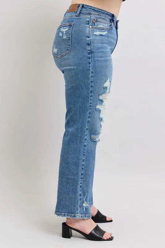 Judy Blue Full Size High Waist Heavy Destroy Straight Jeans Plus Size - Sydney So Sweet