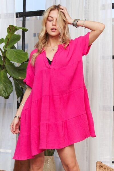 ADORA Tiered Notched Short Sleeve Dress - Sydney So Sweet