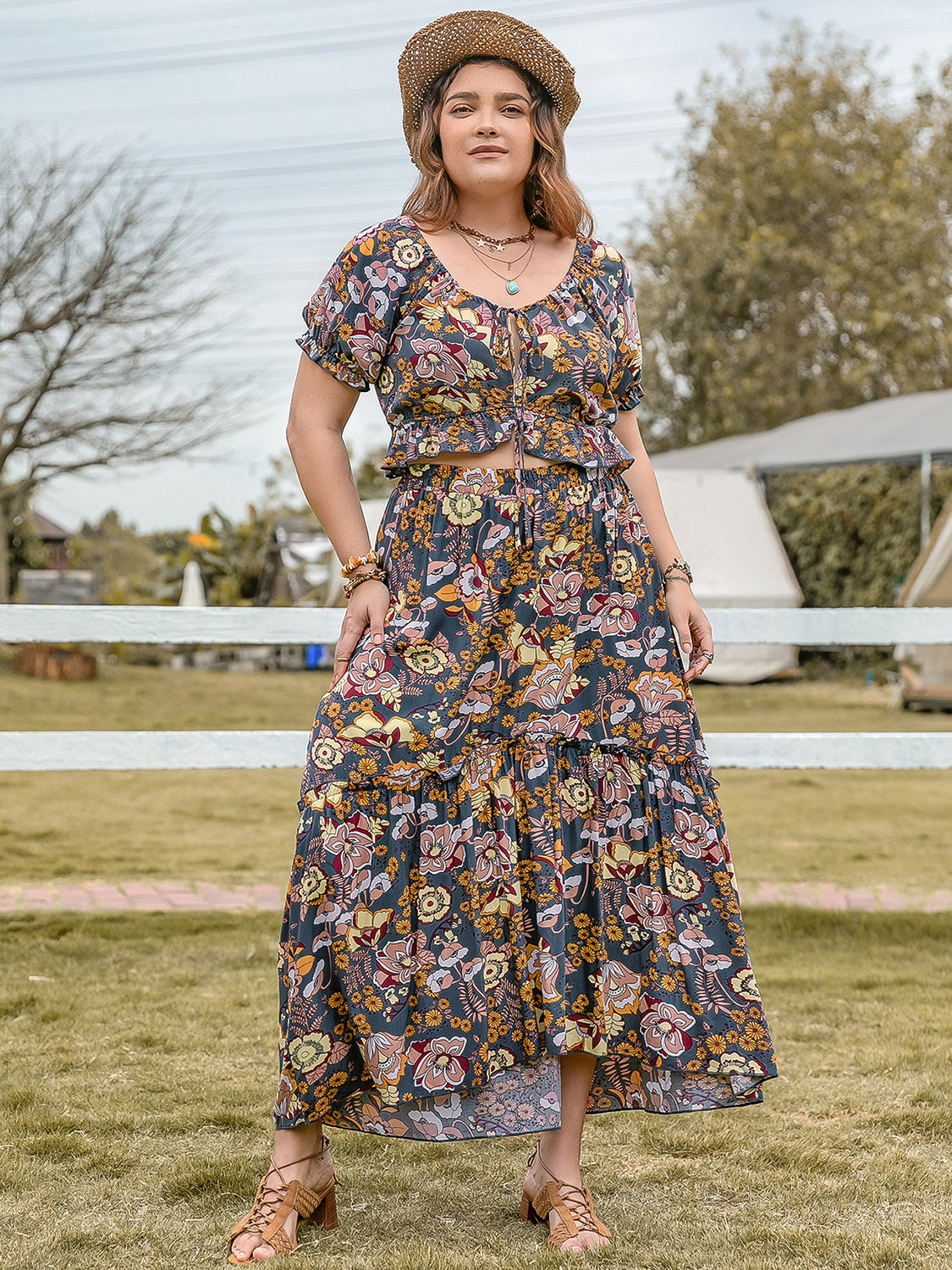 Plus Size Tie Neck Short Sleeve Top and Skirt Set - Sydney So Sweet