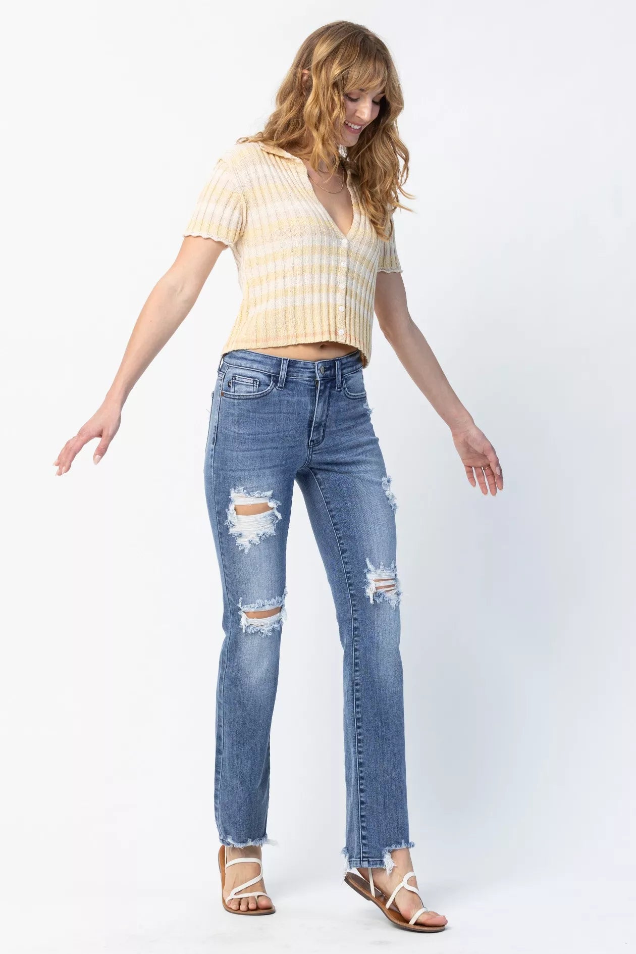 Judy Blue Full Size Mid Rise Destroy Straight Jeans Plus Size - Sydney So Sweet