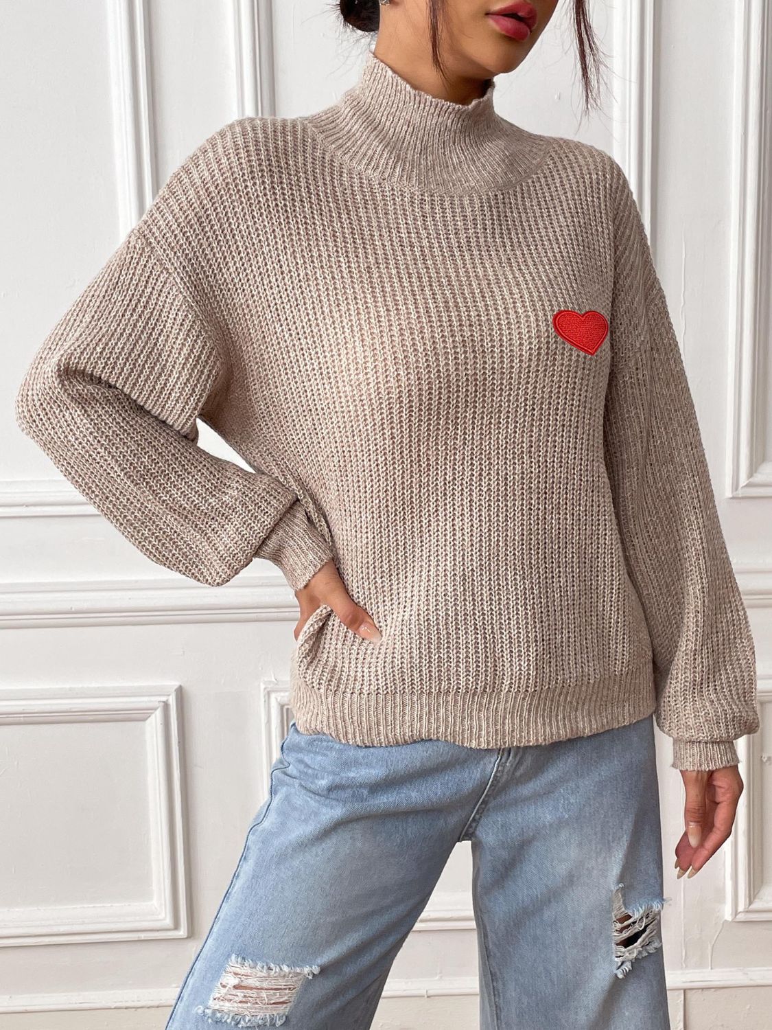 Heart Turtleneck Dropped Shoulder Long Sleeve Sweater - Sydney So Sweet