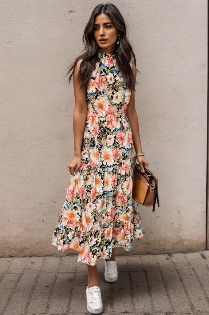 Printed Tiered Pocketed Mock Neck Midi Dress - Sydney So Sweet