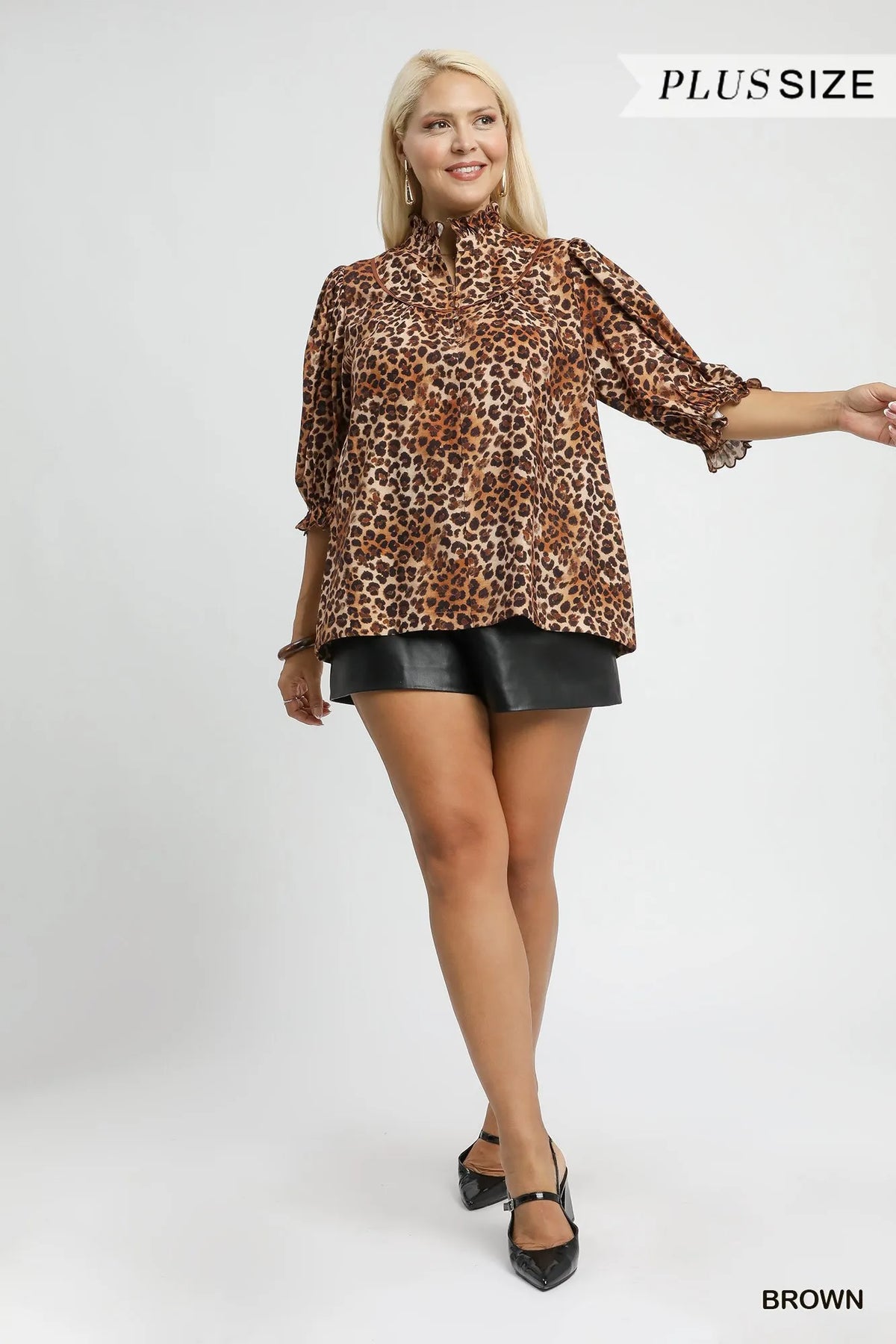 Umgee Full Size Leopard Print Ruffle Neck Blouse Plus Size - Sydney So Sweet