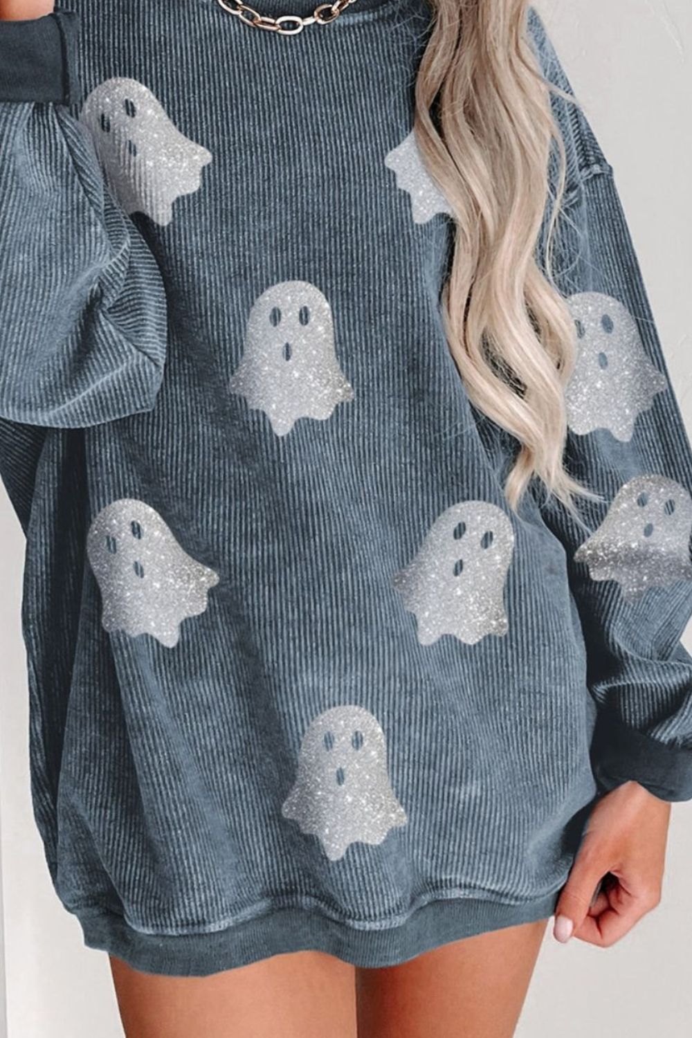 Glitter Ghost Round Neck Long Sleeve Sweatshirt - Sydney So Sweet