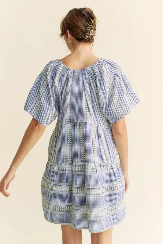 Davi & Dani Embroidered Stripe Ruffled Gingham Mini Dress - Sydney So Sweet