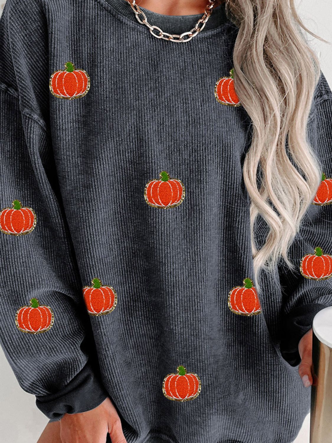 Sequin Pumpkin Round Neck Long Sleeve Sweatshirt - Sydney So Sweet