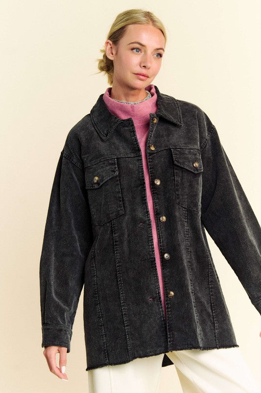 Davi & Dani Washed Corduroy Raw Hem Button Up Jacket - Sydney So Sweet