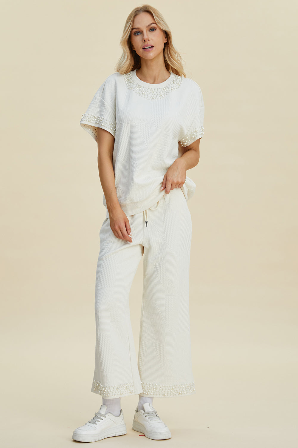 Double Take Full Size Pearl Detail Round Neck Top and Pants Set - Sydney So Sweet