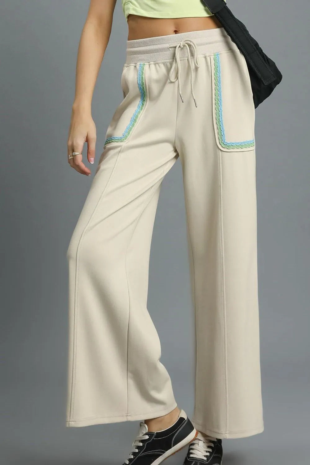 Umgee Drawstring Wide Leg Pants with Scallop Trim Detail - Sydney So Sweet