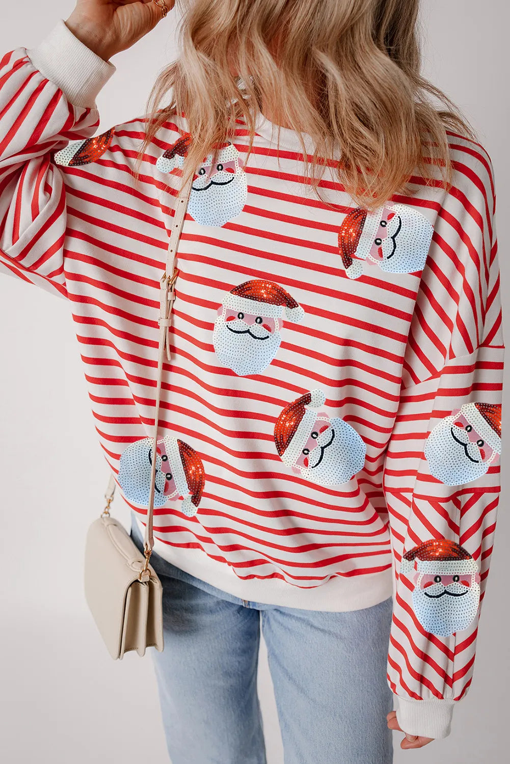 Sequin Santa Striped Round Neck Long Sleeve Sweatshirt - Sydney So Sweet