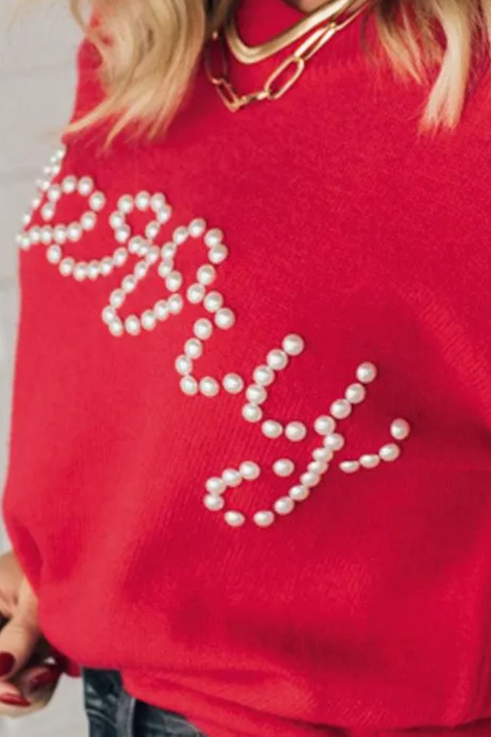 Merry Pearl Detail Round Neck Long Sleeve Sweater - Sydney So Sweet