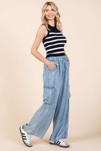 Mittoshop Washed Elastic Waist Cargo Wide Leg Pants - Sydney So Sweet
