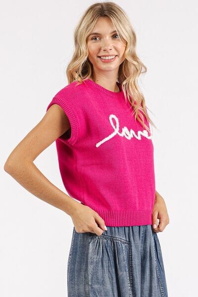 Mittoshop Contrast Letter Round Neck Cap Sleeve Knit Top - Sydney So Sweet