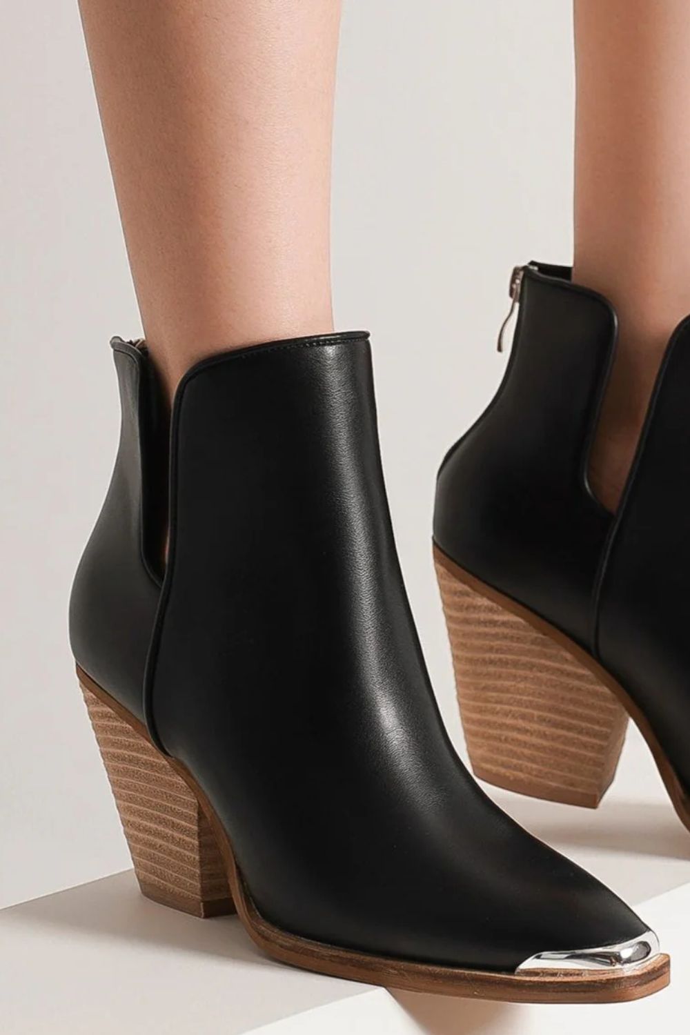 Beast Fashion Pointed Metal-Tip Toe Block Heel Ankle Boots - Sydney So Sweet