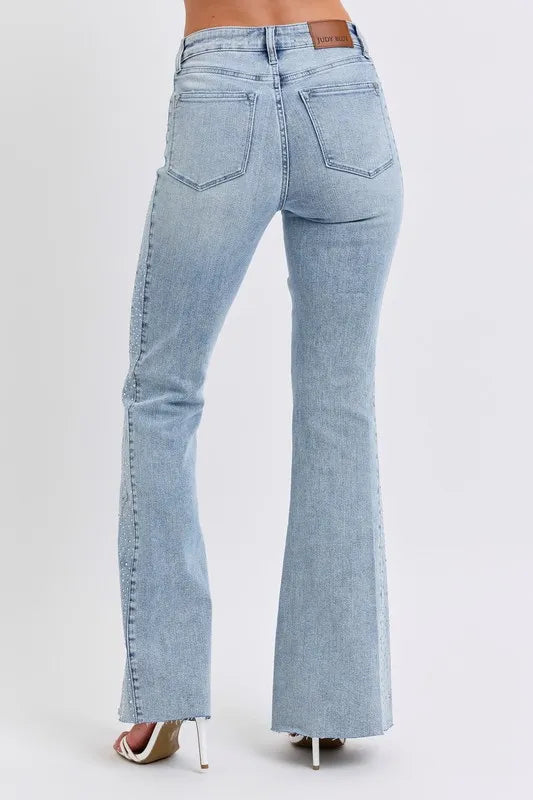 Judy Blue Full Size Mid Rise Rhinestone Side Panel Detail Flare Jeans Plus Size - Sydney So Sweet