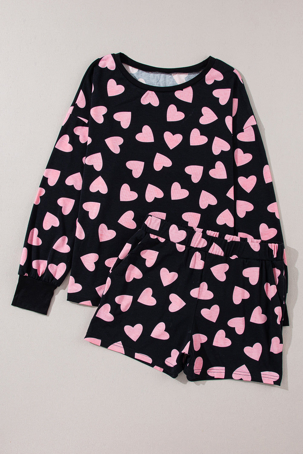 Heart Print Long Sleeve Top and Shorts Lounge Set - Sydney So Sweet