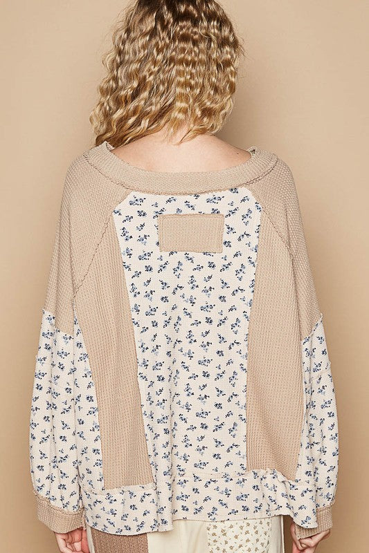 POL Waffle Knit Floral Notched Long Sleeve Top - Sydney So Sweet