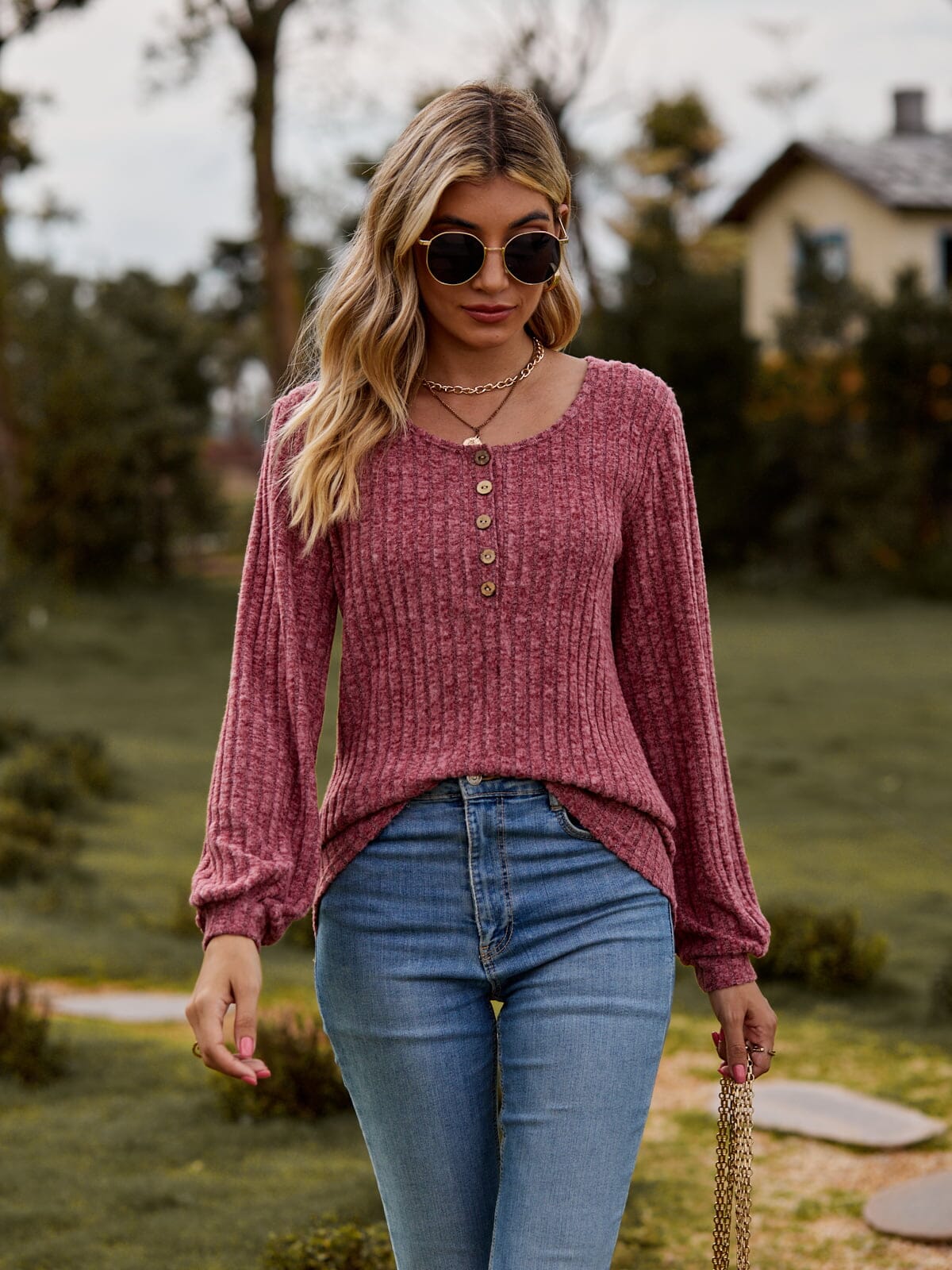 Round Neck Button-Down Long Sleeve Tee - Sydney So Sweet