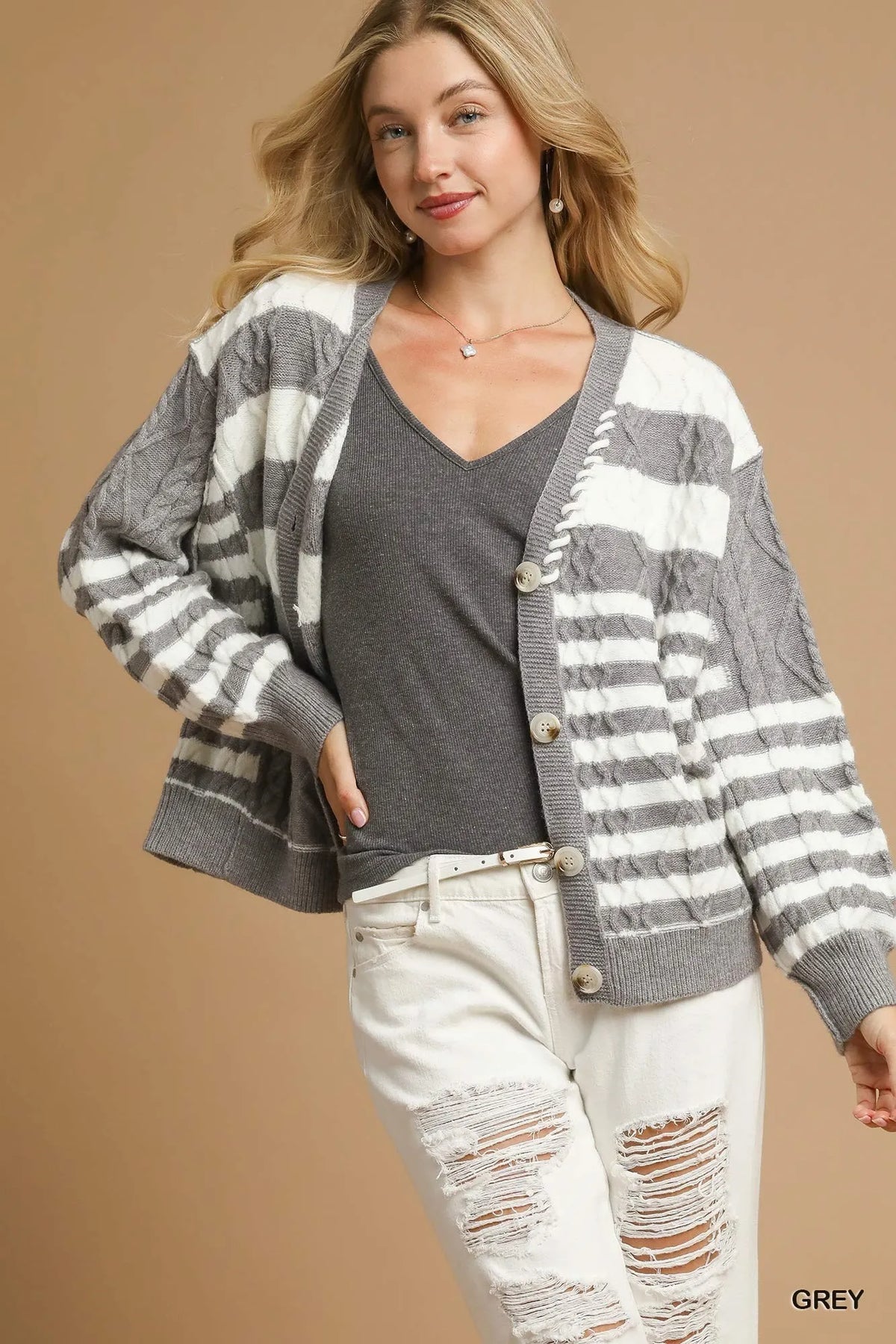 Umgee Cable-Knit Stripe Button-Up Cardigan - Sydney So Sweet
