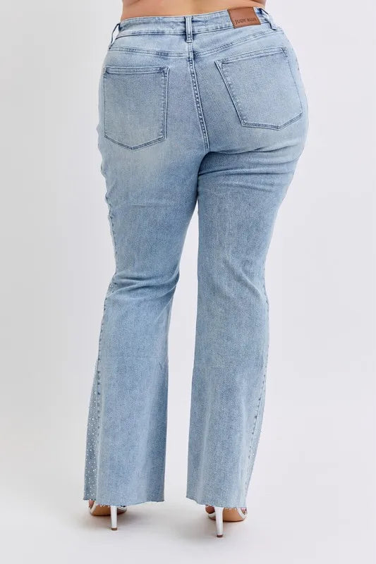 Judy Blue Full Size Mid Rise Rhinestone Side Panel Detail Flare Jeans Plus Size - Sydney So Sweet