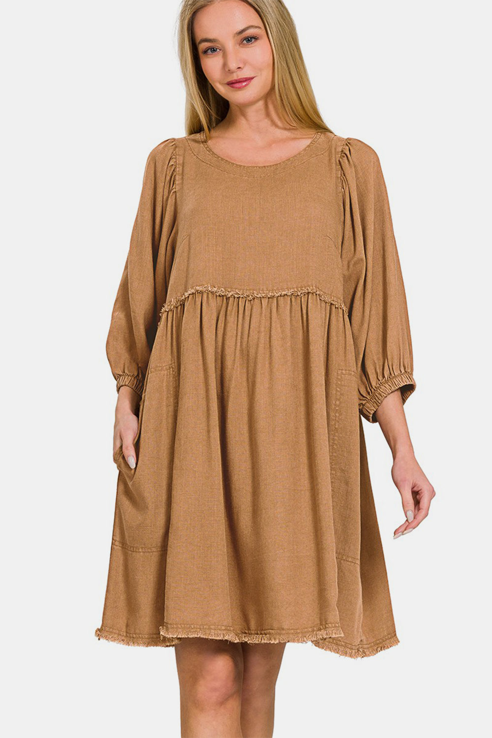 Zenana Washed Linen Pleated Puff Sleeve Babydoll Dress - Sydney So Sweet