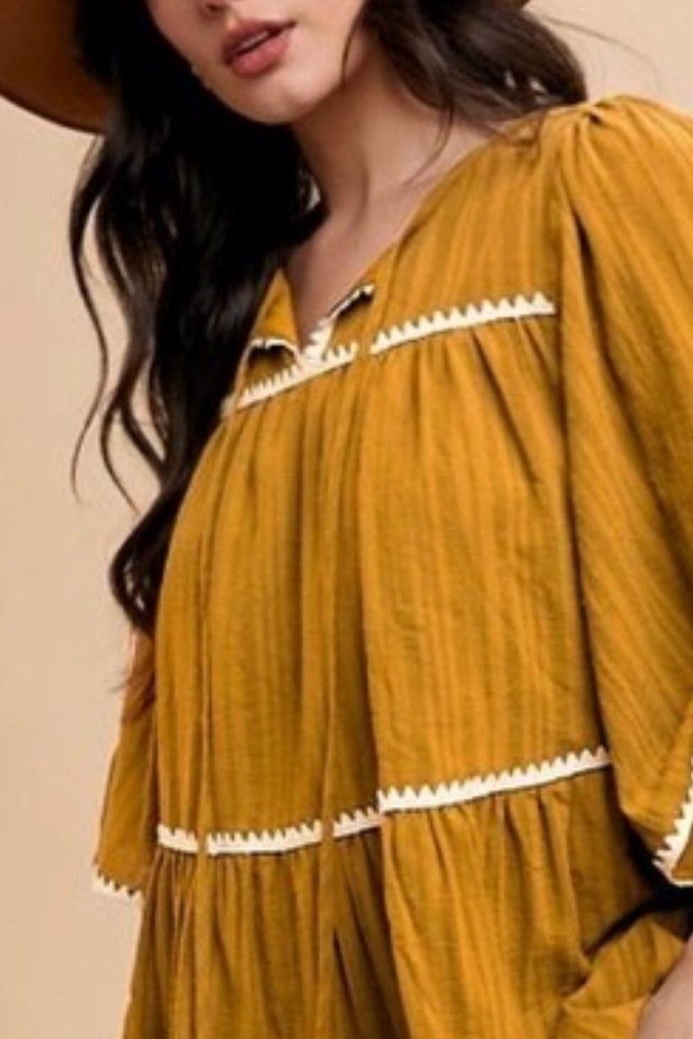 Annie Wear Tassel Contrast Trim Tie Neck Half Sleeve Tiered Dress - Sydney So Sweet