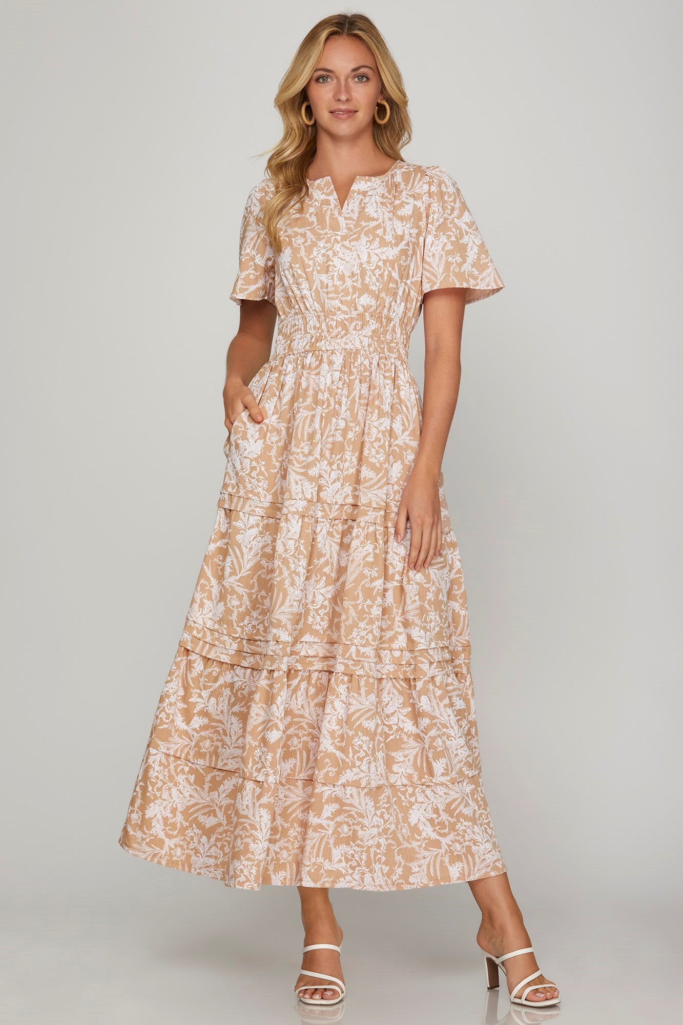 She + Sky Printed Notched Woven Tiered Pintuck Maxi Dress with Side Pockets - Sydney So Sweet