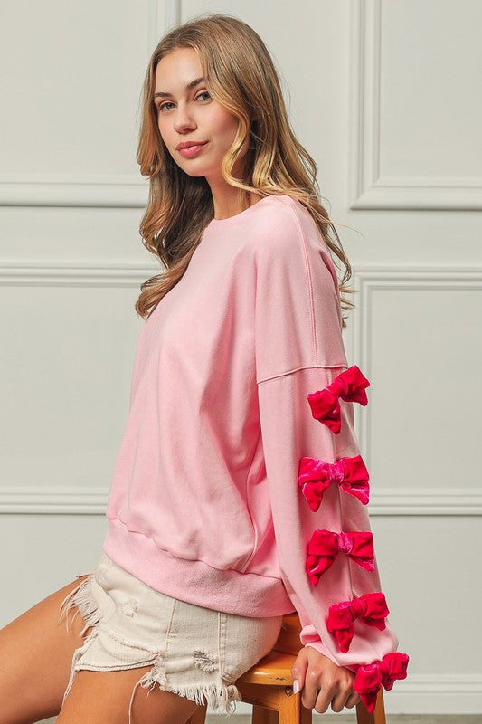 BiBi Velvet Ribbon Bows Long Sleeve Round Neck Sweatshirt - Sydney So Sweet