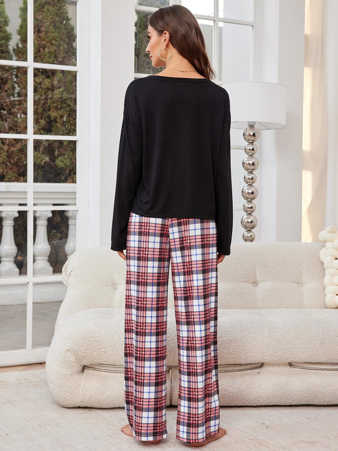 Round Neck Long Sleeve Top and Plaid Pants Lounge Set - Sydney So Sweet