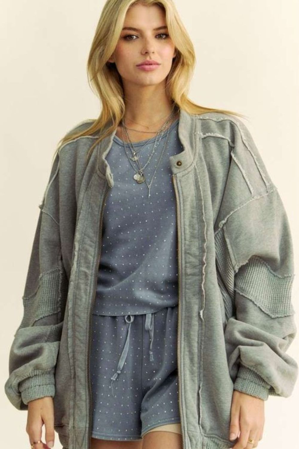 Davi &amp; Dani Exposed Seam Zip Up Dropped Shoulder Jacket - Sydney So Sweet