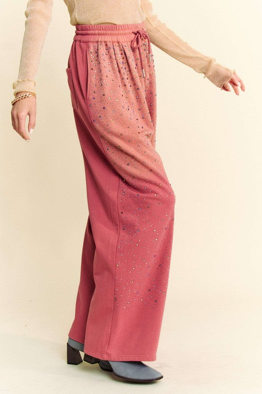 Davi & Dani Rhinestone Drawstring Wide Leg Pants - Sydney So Sweet