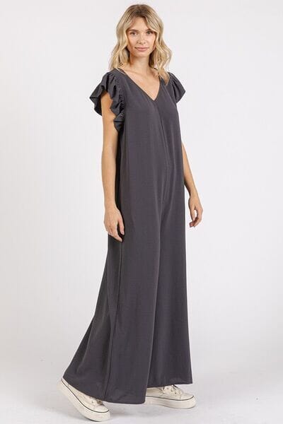 Mittoshop V-Neck Ruffled Cap Sleeve Wide Leg Jumpsuit - Sydney So Sweet