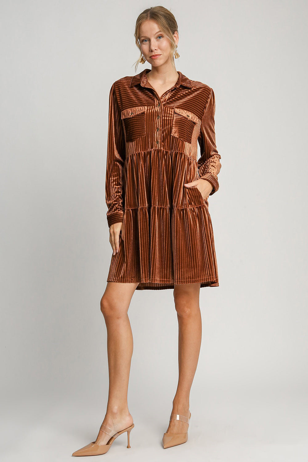 Umgee Texture Tiered Collared Long Sleeve Dress - Sydney So Sweet