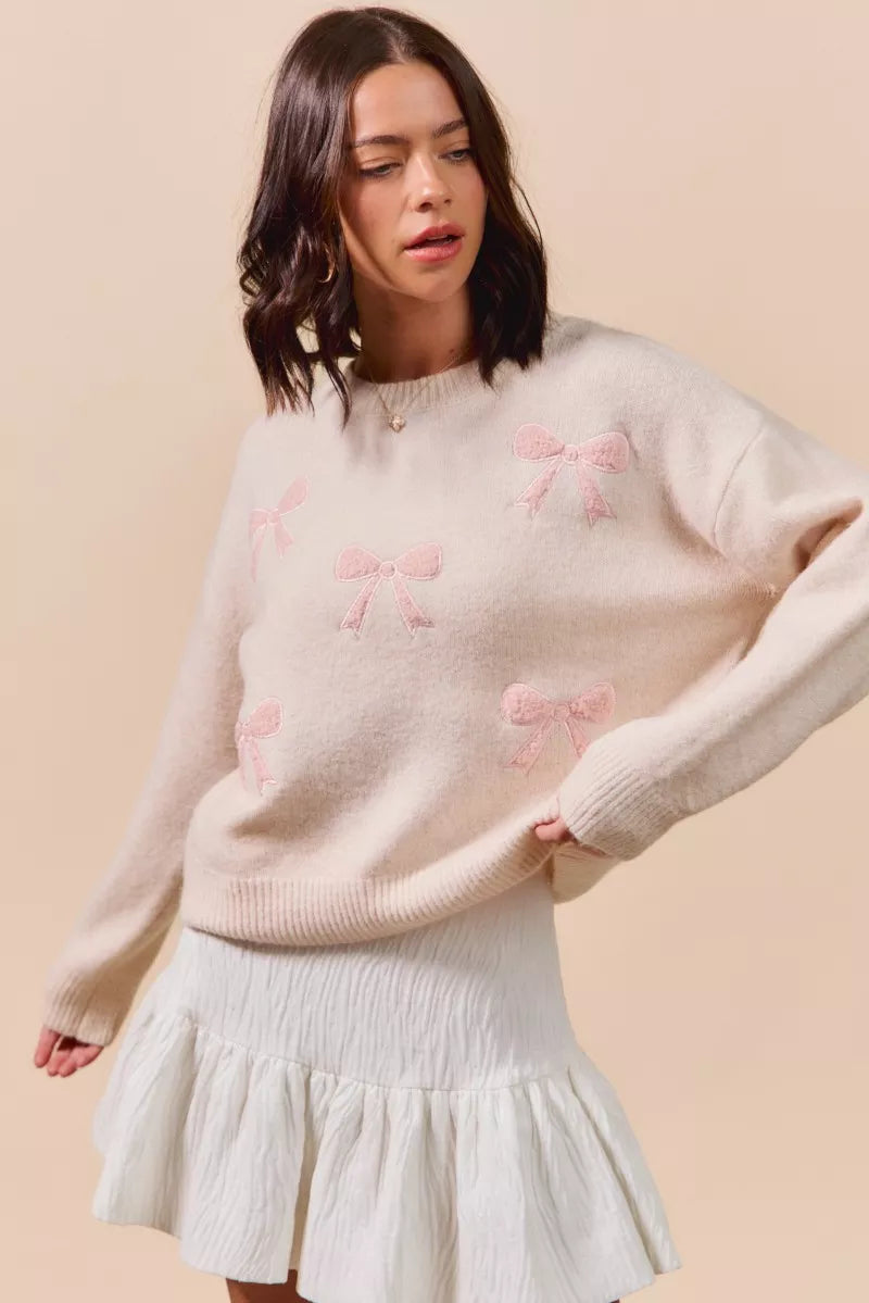SO ME Embroidered Ribbon Round Neck Sweater - Sydney So Sweet