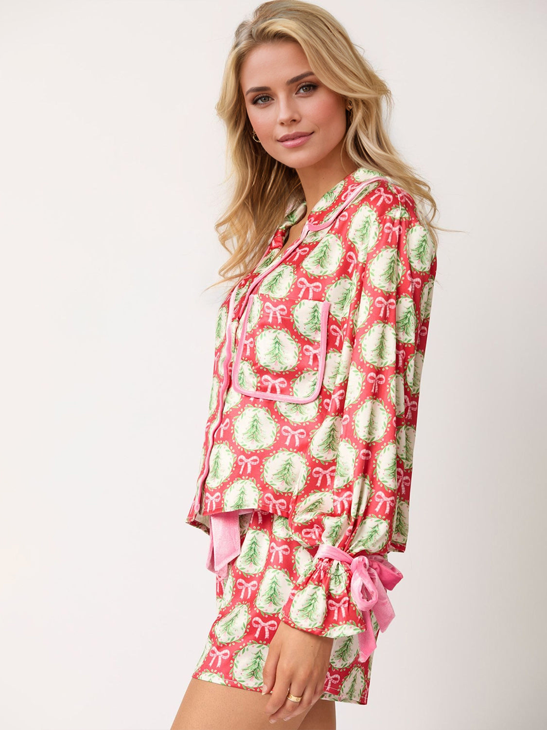 Tied Printed Collared Neck Long Sleeve Top and Shorts Set - Sydney So Sweet