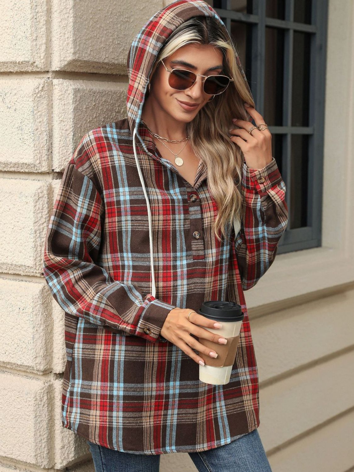 Drawstring Plaid Hooded Long Sleeve Top - Sydney So Sweet