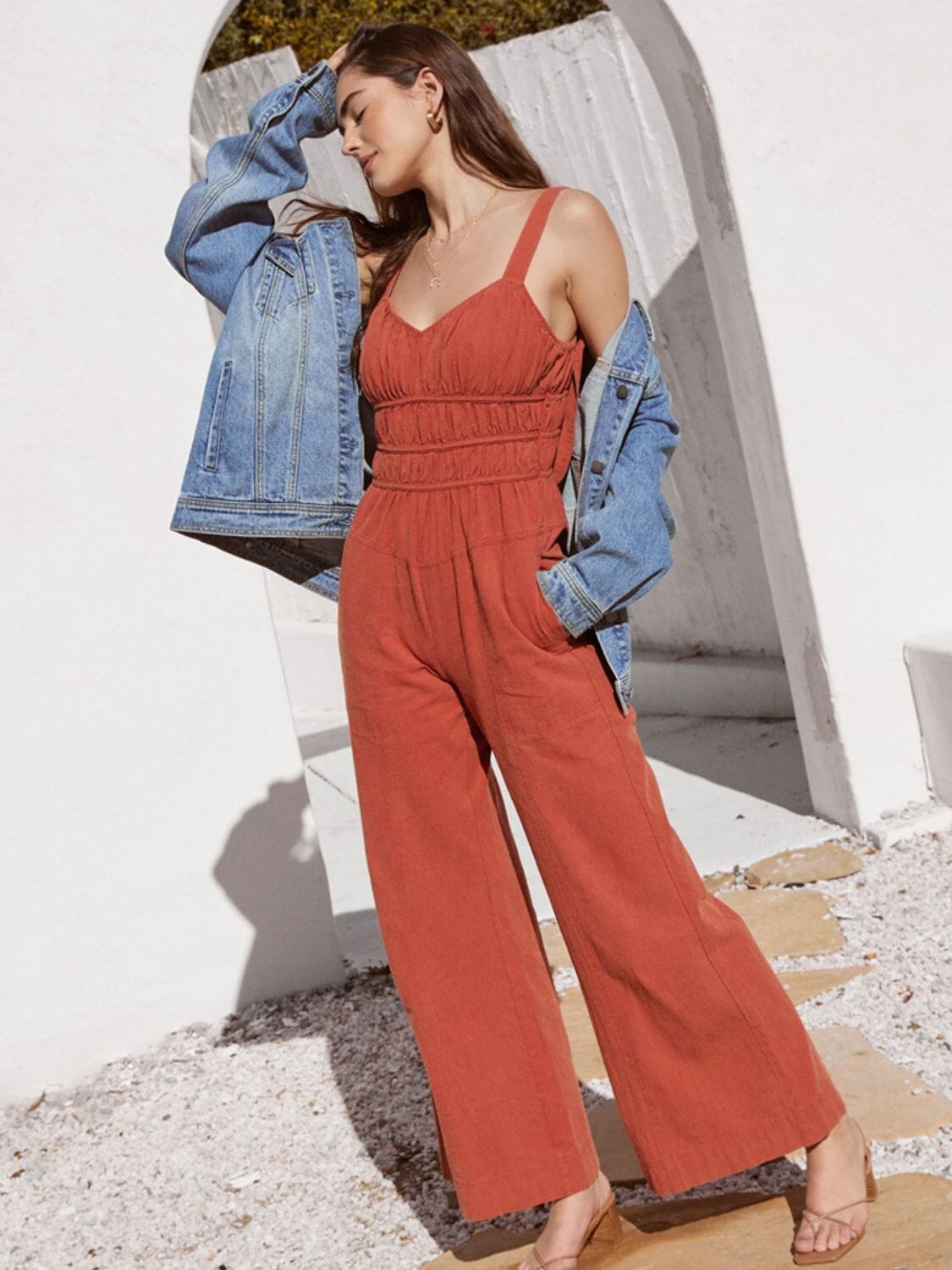 Ruched Wide Strap Jumpsuit with Pockets - Sydney So Sweet