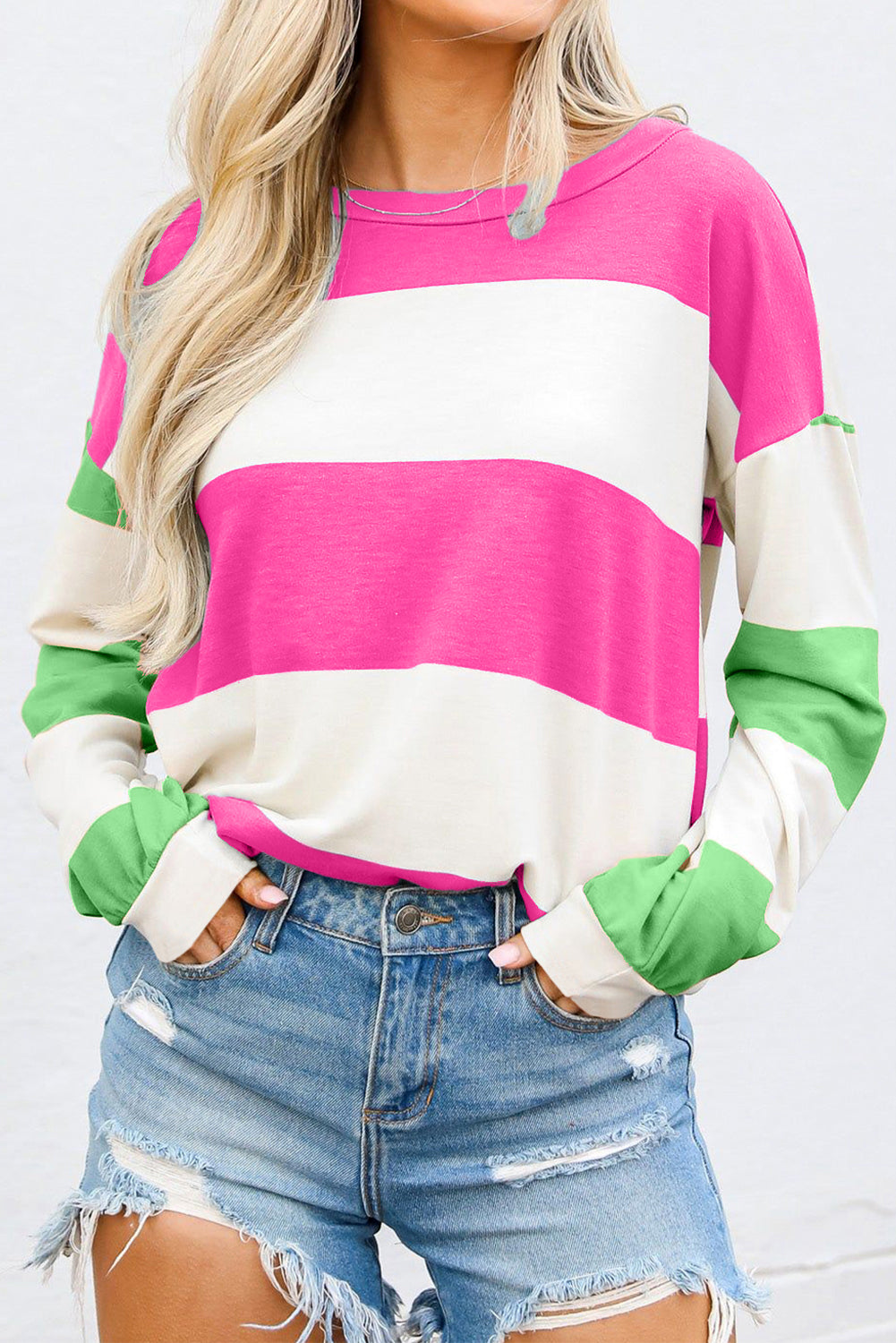 Contrast Color Block Round Neck Long Sleeve Top - Sydney So Sweet