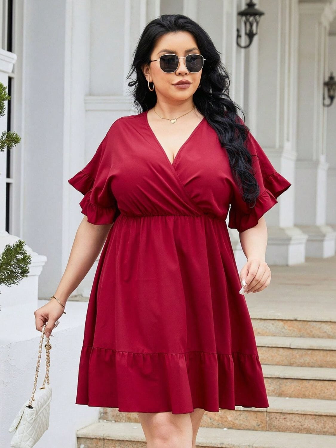 Plus Size Ruched Surplice Flounce Sleeve Mini Dress - Sydney So Sweet